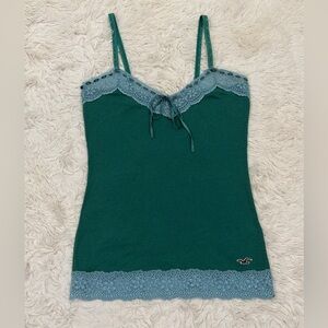 Vintage Y2K Hollister Lace Cami Top Small Green Blue Coquette Bella Swan Ribbed
